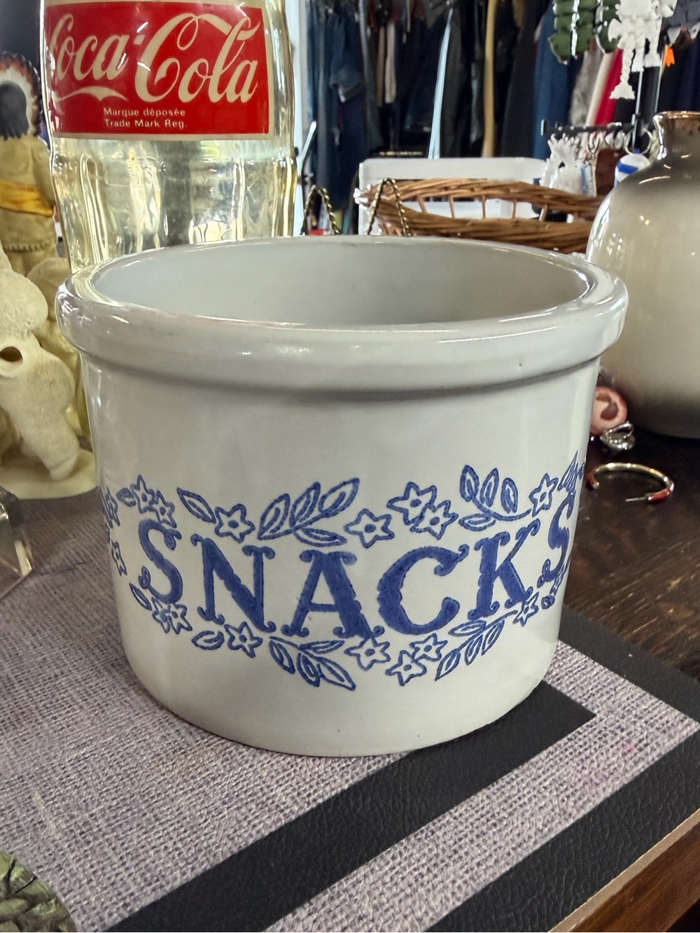Vintage Ceramic Snack Crock - White with Blue Floral 'SNACKS'